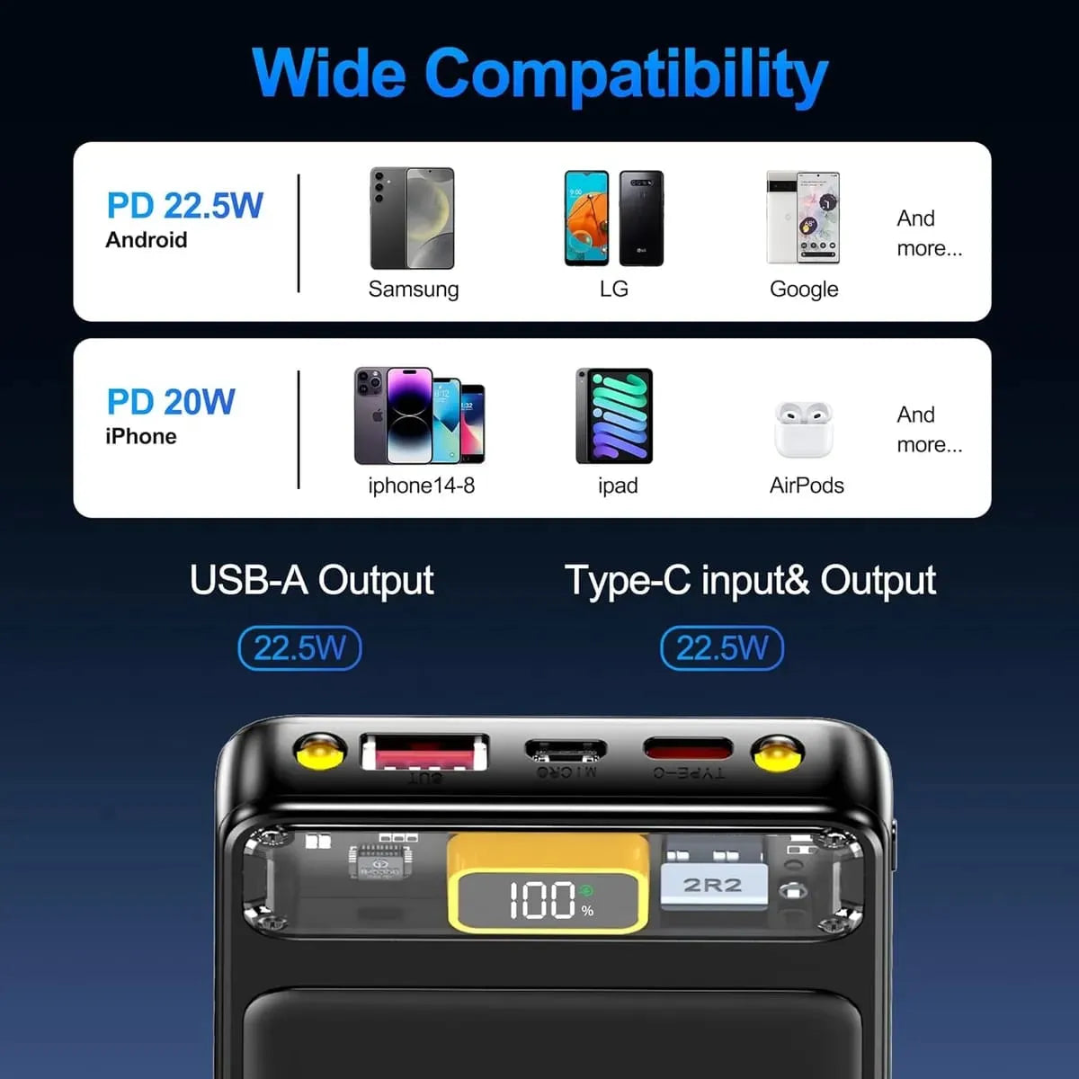 10000 Mah Power Bank Slim Portable Charger Output Battery Pack With Emergency Lighting